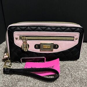 Betsey Johnson Black and Pink Quilted Wristlet
